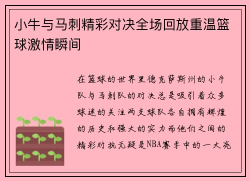 小牛与马刺精彩对决全场回放重温篮球激情瞬间